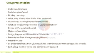 Group Presentation
• Understand the topic
• Do Information Search
• Pick key Learnings
• What,Why,Where, How,When,Who, How much
• Interconnect learnings from different sources
• What are the Learning outcomes of your presentation?
• Decide on Presentation Format
• Make a coherent flow
• Design, Prepare and Rehearse the Presentation
• PresentationTime Management (15 Minutes)
• Present in Class
• Be prepared for Q&A from your classmates and from Faculty Member(s) / Guest Invitees
• Each Group member would also be individually assessed
31 20/02/2020 Add a footer
 