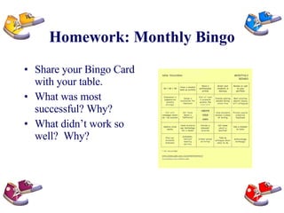 Homework: Monthly Bingo Share your Bingo Card with your table. What was most successful? Why? What didn’t work so well?  Why? 