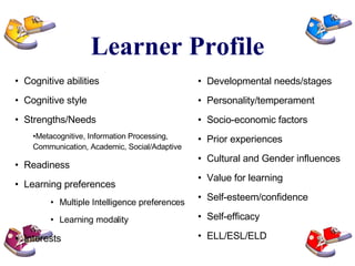 Learner Profile Cognitive abilities Cognitive style Strengths/Needs Metacognitive, Information Processing, Communication, Academic, Social/Adaptive Readiness Learning preferences  Multiple Intelligence preferences Learning modality Interests Developmental needs/stages Personality/temperament Socio-economic factors Prior experiences Cultural and Gender influences Value for learning Self-esteem/confidence Self-efficacy ELL/ESL/ELD 