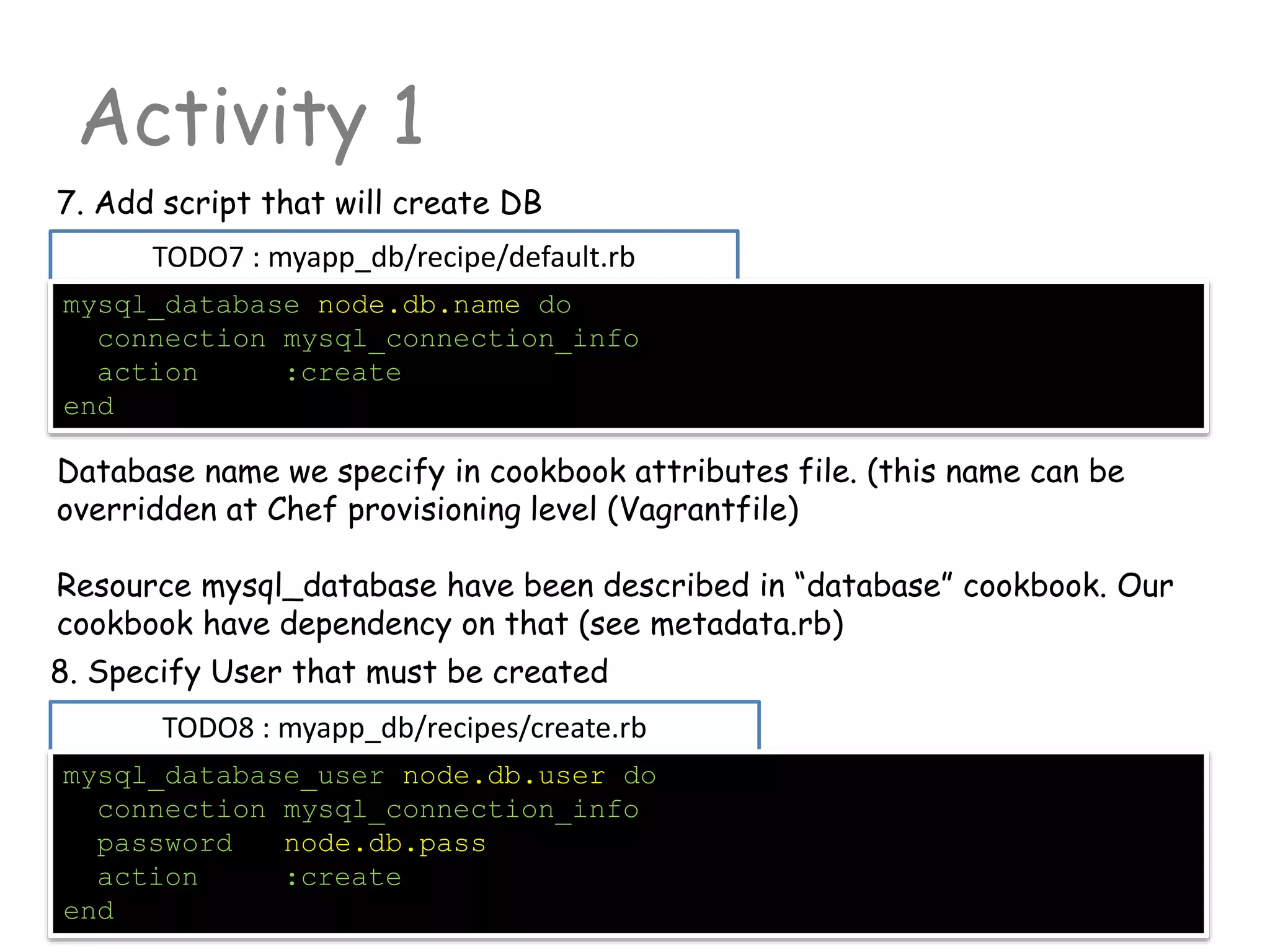 TODO7 : myapp_db/recipe/default.rb
Activity 1
mysql_database node.db.name do
connection mysql_connection_info
action :create
end
7. Add script that will create DB
TODO8 : myapp_db/recipes/create.rb
mysql_database_user node.db.user do
connection mysql_connection_info
password node.db.pass
action :create
end
Database name we specify in cookbook attributes file. (this name can be
overridden at Chef provisioning level (Vagrantfile)
Resource mysql_database have been described in “database” cookbook. Our
cookbook have dependency on that (see metadata.rb)
8. Specify User that must be created
 