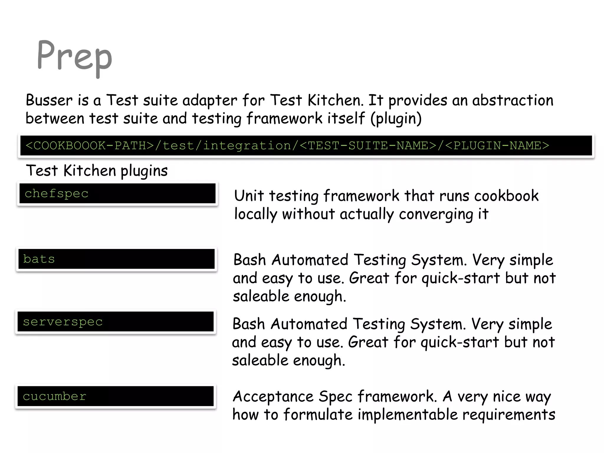Prep
<COOKBOOOK-PATH>/test/integration/<TEST-SUITE-NAME>/<PLUGIN-NAME>
Busser is a Test suite adapter for Test Kitchen. It provides an abstraction
between test suite and testing framework itself (plugin)
Test Kitchen plugins
chefspec Unit testing framework that runs cookbook
locally without actually converging it
bats Bash Automated Testing System. Very simple
and easy to use. Great for quick-start but not
saleable enough.
serverspec Bash Automated Testing System. Very simple
and easy to use. Great for quick-start but not
saleable enough.
cucumber Acceptance Spec framework. A very nice way
how to formulate implementable requirements
 