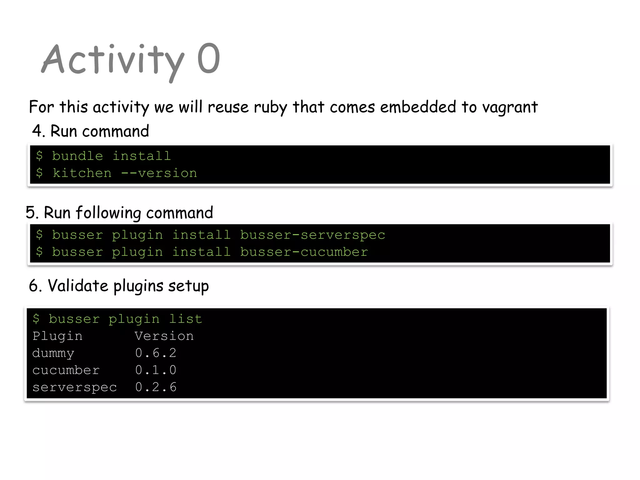 Activity 0
For this activity we will reuse ruby that comes embedded to vagrant
$ busser plugin list
Plugin Version
dummy 0.6.2
cucumber 0.1.0
serverspec 0.2.6
$ busser plugin install busser-serverspec
$ busser plugin install busser-cucumber
5. Run following command
6. Validate plugins setup
4. Run command
$ bundle install
$ kitchen --version
 