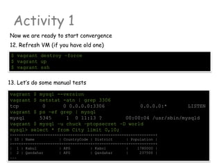 Activity 1
$ vagrant destroy –force
$ vagrant up
$ vagrant ssh
Now we are ready to start convergence
12. Refresh VM (if you have old one)
13. Let’s do some manual tests
vagrant $ mysql --version
vagrant $ netstat -atn | grep 3306
tcp 0 0 0.0.0.0:3306 0.0.0.0:* LISTEN
vagrant $ ps –ef grep | mysql
mysql 5345 1 0 11:13 ? 00:00:04 /usr/sbin/mysqld
vagrant $ mysql –u chuck –ptopsecret –D world
mysql> select * from City limit 0,10;
+----+----------------+-------------+---------------+------------+
| ID | Name | CountryCode | District | Population |
+----+----------------+-------------+---------------+------------+
| 1 | Kabul | AFG | Kabol | 1780000 |
| 2 | Qandahar | AFG | Qandahar | 237500 |
...
 