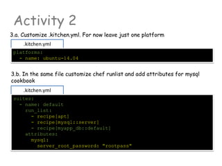 .kitchen.yml
Activity 2
3.a. Customize .kitchen.yml. For now leave just one platform
platforms:
- name: ubuntu-14.04
3.b. In the same file customize chef runlist and add attributes for mysql
cookbook
.kitchen.yml
suites:
- name: default
run_list:
- recipe[apt]
- recipe[mysql::server]
- recipe[myapp_db::default]
attributes:
mysql:
server_root_password: "rootpass"
 