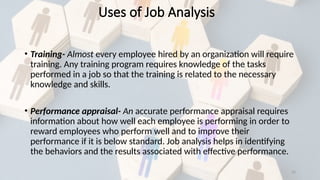 23
• Training- Almost every employee hired by an organization will require
training. Any training program requires knowledge of the tasks
performed in a job so that the training is related to the necessary
knowledge and skills.
• Performance appraisal- An accurate performance appraisal requires
information about how well each employee is performing in order to
reward employees who perform well and to improve their
performance if it is below standard. Job analysis helps in identifying
the behaviors and the results associated with effective performance.
Uses of Job Analysis
 