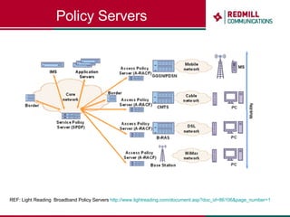 Policy Servers REF: Light Reading  Broadband Policy Servers  http://www.lightreading.com/document.asp?doc_id=86106&page_number=1   