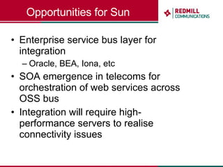 Opportunities for Sun Enterprise service bus layer for integration Oracle, BEA, Iona, etc SOA emergence in telecoms for orchestration of web services across OSS bus Integration will require high-performance servers to realise connectivity issues 