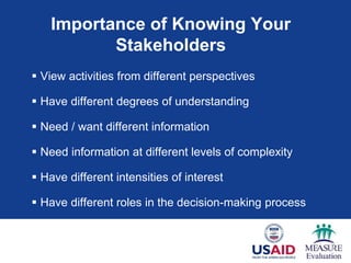 Importance of Knowing Your
Stakeholders
 View activities from different perspectives
 Have different degrees of understanding
 Need / want different information
 Need information at different levels of complexity
 Have different intensities of interest
 Have different roles in the decision-making process
 