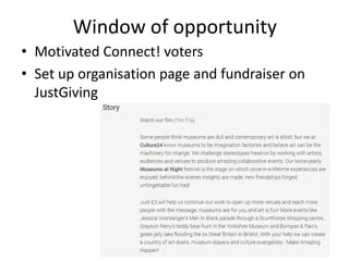 Window of opportunity
• Motivated Connect! voters
• Set up organisation page and fundraiser on
JustGiving
 