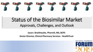 Status of the Biosimilar Market
Approvals, Challenges, and Outlook
Jason J Braithwaite, PharmD, MS, BCPS
Senior Director, Clinical Pharmacy Services - HealthTrust
 