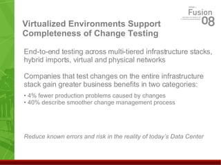 Virtualized Environments Support Completeness of Change Testing End-to-end testing across multi-tiered infrastructure stacks, hybrid imports, virtual and physical networks Companies that test changes on the entire infrastructure stack gain greater business benefits in two categories: 4% fewer production problems caused by changes 40% describe smoother change management process Reduce known errors and risk in the reality of today’s Data Center 