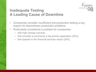 Inadequate Testing A Leading Cause of Downtime Companies consider insufficient pre-production testing a key reason for downstream production problems Particularly considered a problem for companies: with high change volumes that consider e-commerce a top priority application (32%) that operate in the financial services sector (25%) 