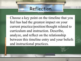 Reflection Choose a key point on the timeline that you feel has had the greatest impact on your current practice/position/thought related to curriculum and instruction. Describe, analyze, and reflect on the relationship between this timeline entry and your beliefs and instructional practices. 