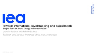 IEA 2019. All rights reserved.
Towards international-level tracking and assessments
Insights from IEA World Energy Investment report
Research Collaborative Workshop, OECD, Paris, 28 October
Michael Waldron and Yoko Nobuoka
 