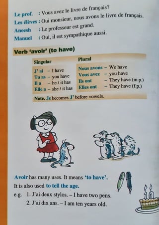I P f .
. Yous avcz le Iivre de fran~ais?
..-c ,ro .
Le.,; CJCvcs : Oui monsieur, nous avons le Iivre de frani,:ais.
Aneesh : Le professeur est grand.
Manuel : Oui, ii est sympathique aussi.
Verb 'avolr' (to have)
Singular
J' ai - I have
Tu as - you have
D a - be/ it has
Elle a - she / it bas
Plural
Nous avons - We have
Vous avez - you have
Us ont - They have (m.p.)
Elles ont - They have (f.p.)
Note. Je becomes J' before vowels.
A .
voir has many uses. It means 'to have'
It is also used to teU the age. ·
e.g. l.J'aideuxstylos . lb
·- ave two pe
2. J'ai dix ns.
ans. - I am ten years old.
 