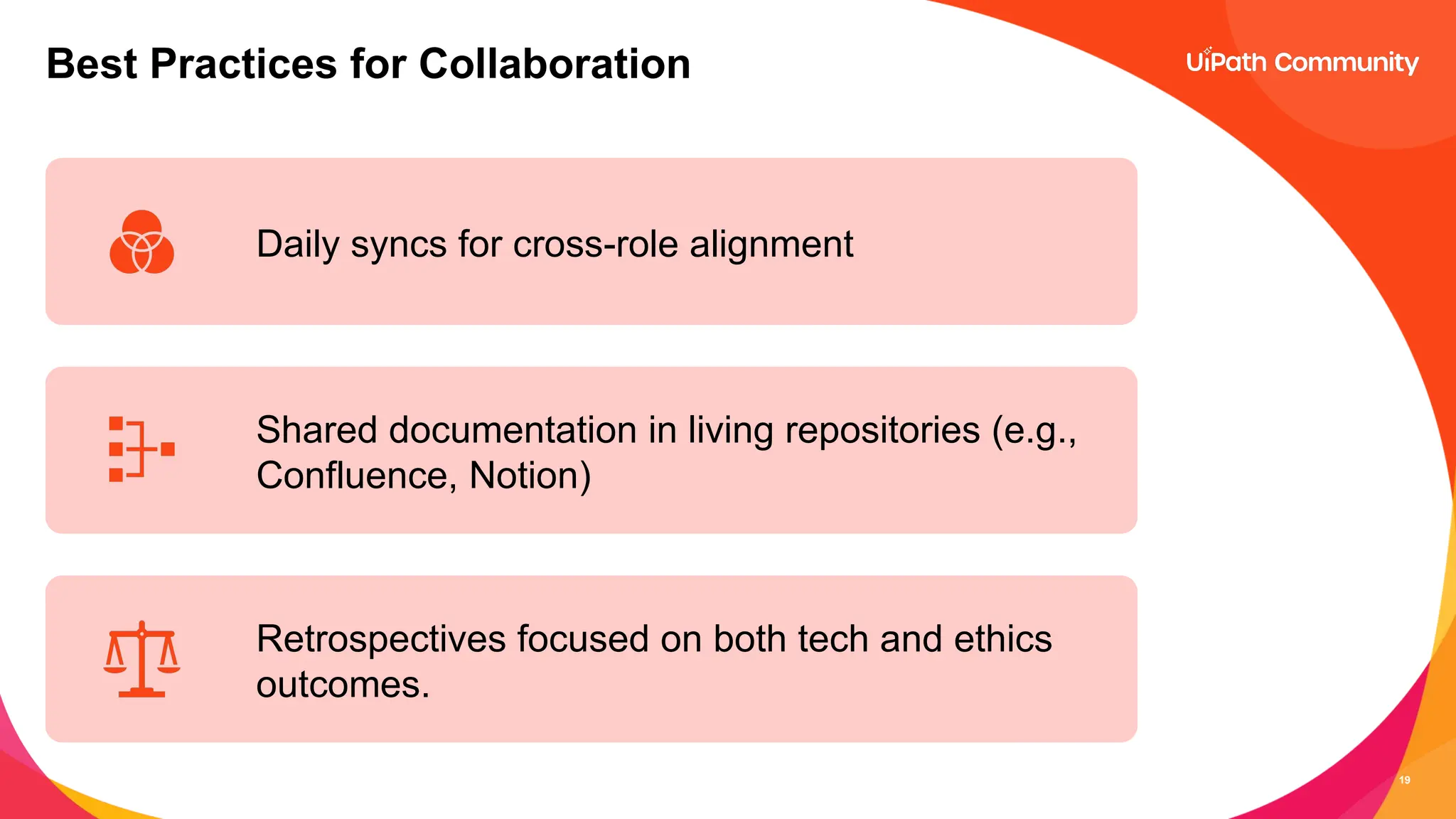 19
Best Practices for Collaboration
Daily syncs for cross-role alignment
Shared documentation in living repositories (e.g.,
Confluence, Notion)
Retrospectives focused on both tech and ethics
outcomes.
 