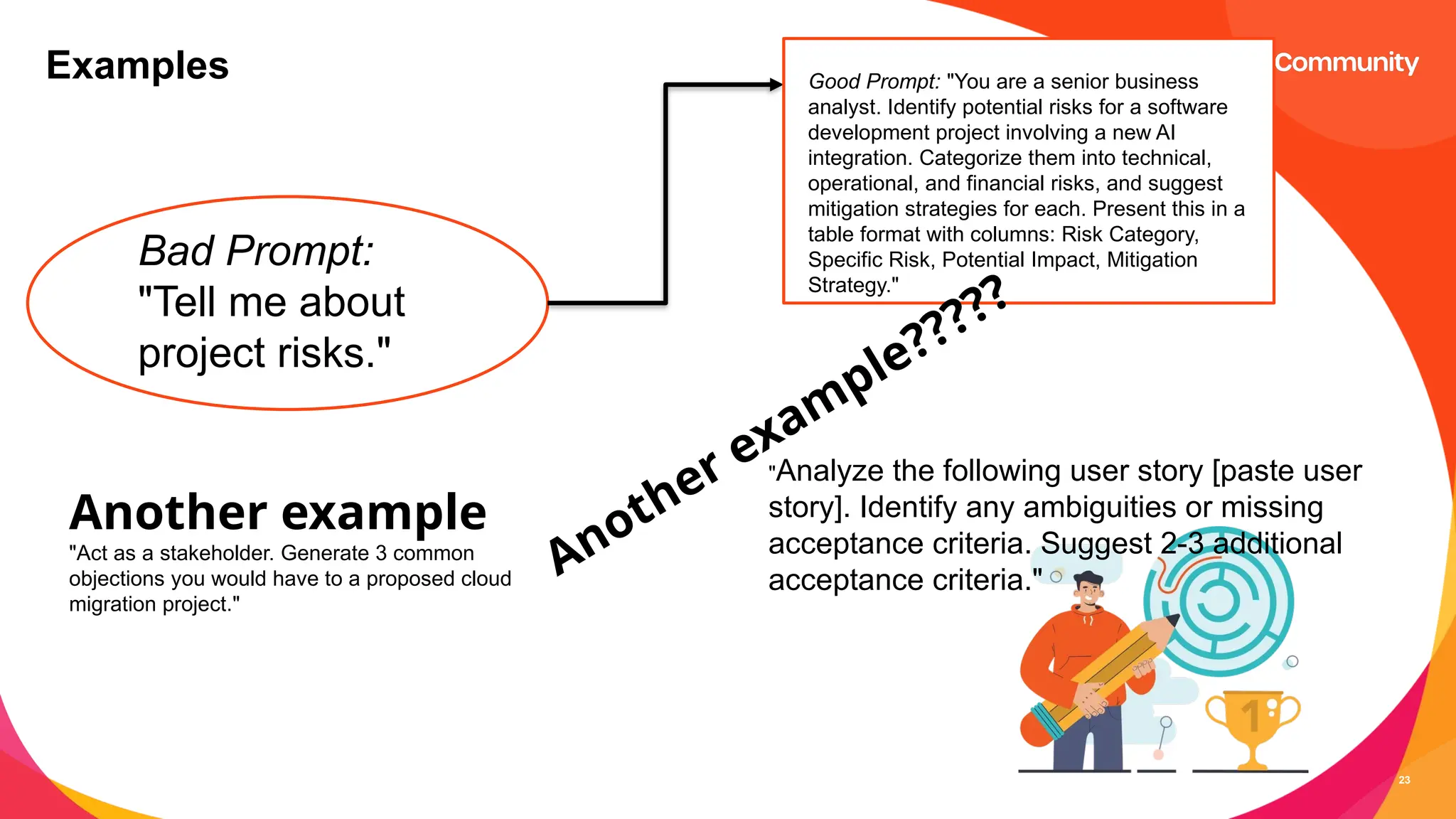 23
Examples
Bad Prompt:
"Tell me about
project risks."
Good Prompt: "You are a senior business
analyst. Identify potential risks for a software
development project involving a new AI
integration. Categorize them into technical,
operational, and financial risks, and suggest
mitigation strategies for each. Present this in a
table format with columns: Risk Category,
Specific Risk, Potential Impact, Mitigation
Strategy."
Another example
"Act as a stakeholder. Generate 3 common
objections you would have to a proposed cloud
migration project."
Another exam
ple?????
"Analyze the following user story [paste user
story]. Identify any ambiguities or missing
acceptance criteria. Suggest 2-3 additional
acceptance criteria."
 