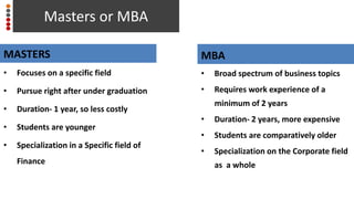 Masters or MBA
MASTERS
• Focuses on a specific field
• Pursue right after under graduation
• Duration- 1 year, so less costly
• Students are younger
• Specialization in a Specific field of
Finance
MBA
• Broad spectrum of business topics
• Requires work experience of a
minimum of 2 years
• Duration- 2 years, more expensive
• Students are comparatively older
• Specialization on the Corporate field
as a whole
 