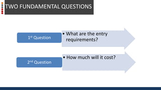 • What are the entry
requirements?1st Question
• How much will it cost?
2nd Question
TWO FUNDAMENTAL QUESTIONS
 