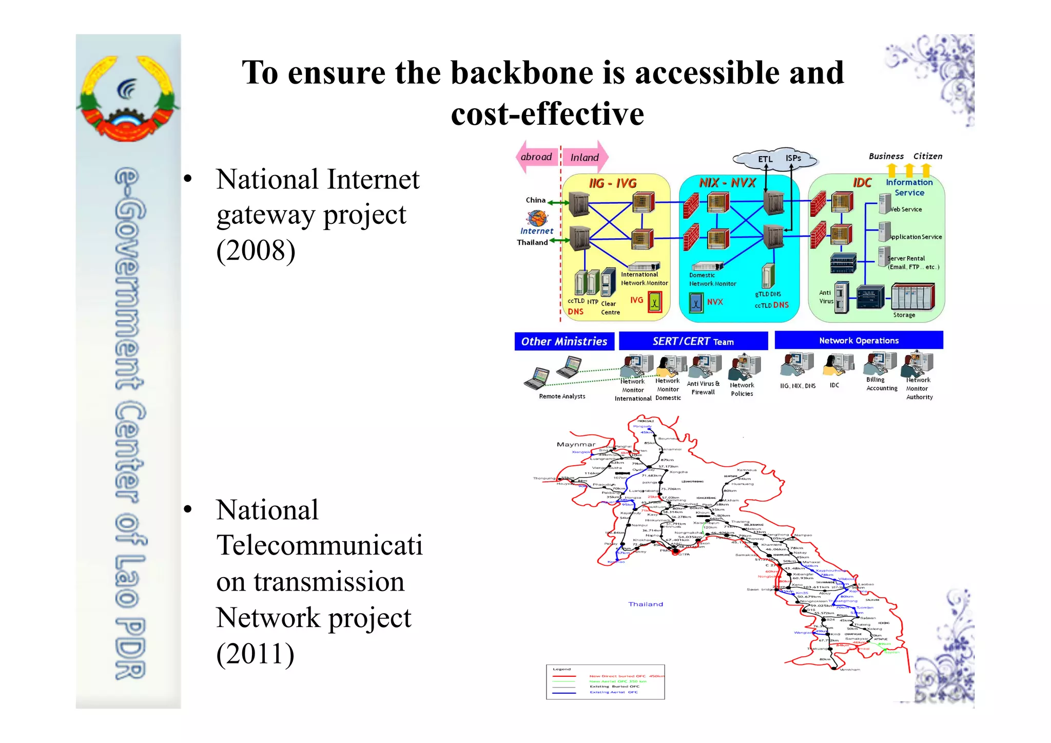 To ensure the backbone is accessible and
cost-effective
•  National Internet
gateway project
(2008)
•  National
Telecommunicati
on transmission
Network project
(2011)
 