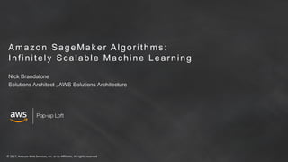 © 2017, Amazon Web Services, Inc. or its Affiliates. All rights reserved
Pop-up Loft
Amazon SageMaker Algorithms:
Infinitely Scalable Machine Learning
Nick Brandalone
Solutions Architect , AWS Solutions Architecture
 