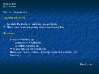 Business Law   by I. Sridhar Part – A  Company Law ,[object Object],[object Object],[object Object],[object Object],[object Object],[object Object],[object Object],[object Object],[object Object],[object Object],[object Object]
