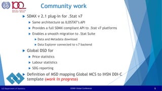 SDMX Global Conference
ILO Department of Statistics 6
Community work
 SDMX v 2.1 plug-in for .Stat v7
 Same architecture as ILOSTAT’s API
 Provides a full SDMX compliant API to .Stat v7 platforms
 Enables a smooth migration to .Stat Suite
 Data and Metadata download
 Data Explorer connected to v.7 backend
 Global DSD for
 Price statistics
 Labour statistics
 SDG reporting
 Definition of MSD mapping Global MCS to IHSN DDI-C
template (work in progress)
 