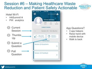 1 
Session #6 – Making Healthcare Waste 
Reduction and Patient Safety Actionable 
Hotel Wi-Fi 
• HASummit14 
• PW: analytics 
Current 
Session 
Thumbs 
Up 
Submit a 
Question 
Poll 
Question 
1 
2 
3 
4 
App Questions? 
• 3 app helpers 
• Raise hand with 
mobile device 
• Walk to back 
 
