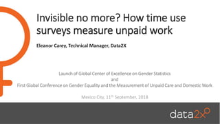 Invisible no more? How time use
surveys measure unpaid work
Eleanor Carey, Technical Manager, Data2X
Launch of Global Center of Excellence on Gender Statistics
and
First Global Conference on Gender Equality and the Measurement of Unpaid Care and Domestic Work
Mexico City, 11th September, 2018
 