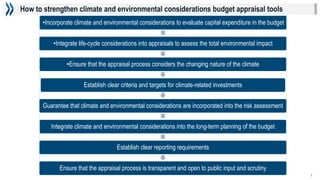 How to strengthen climate and environmental considerations budget appraisal tools
3
•Incorporate climate and environmental considerations to evaluate capital expenditure in the budget
•Integrate life-cycle considerations into appraisals to assess the total environmental impact
•Ensure that the appraisal process considers the changing nature of the climate
Establish clear criteria and targets for climate-related investments
Guarantee that climate and environmental considerations are incorporated into the risk assessment
Integrate climate and environmental considerations into the long-term planning of the budget
Establish clear reporting requirements
Ensure that the appraisal process is transparent and open to public input and scrutiny
 