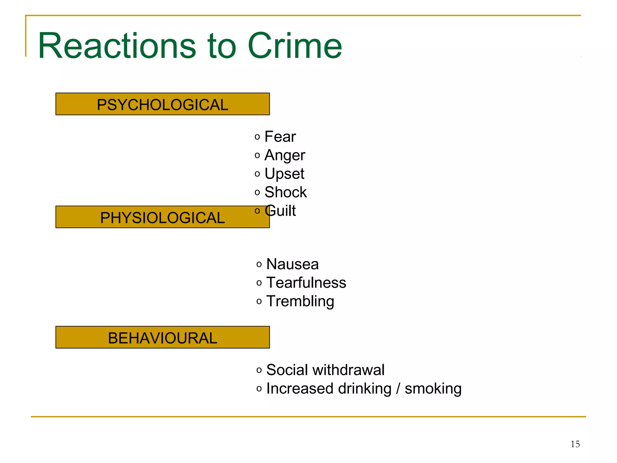 15
Reactions to Crime
PSYCHOLOGICAL
PHYSIOLOGICAL
BEHAVIOURAL
o Fear
o Anger
o Upset
o Shock
o Guilt
o Nausea
o Tearfulness
o Trembling
o Social withdrawal
o Increased drinking / smoking
 