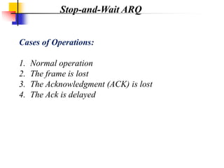 Cases of Operations:
1. Normal operation
2. The frame is lost
3. The Acknowledgment (ACK) is lost
4. The Ack is delayed
Stop-and-Wait ARQ
 