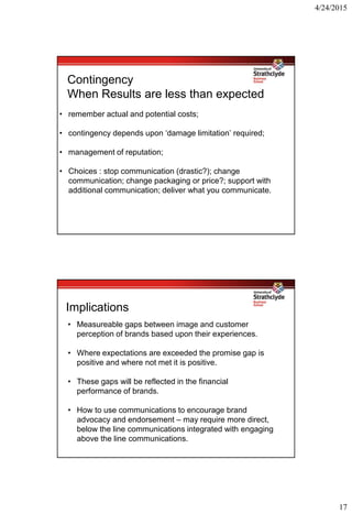 4/24/2015
17
Contingency
When Results are less than expected
• remember actual and potential costs;
• contingency depends upon ‘damage limitation’ required;
• management of reputation;
• Choices : stop communication (drastic?); change
communication; change packaging or price?; support with
additional communication; deliver what you communicate.
Implications
• Measureable gaps between image and customer
perception of brands based upon their experiences.
• Where expectations are exceeded the promise gap is
positive and where not met it is positive.
• These gaps will be reflected in the financial
performance of brands.
• How to use communications to encourage brand
advocacy and endorsement – may require more direct,
below the line communications integrated with engaging
above the line communications.
 
