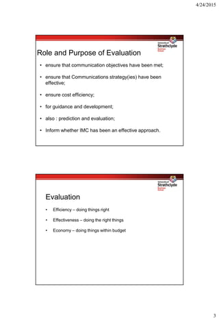 4/24/2015
3
Role and Purpose of Evaluation
• ensure that communication objectives have been met;
• ensure that Communications strategy(ies) have been
effective;
• ensure cost efficiency;
• for guidance and development;
• also : prediction and evaluation;
• Inform whether IMC has been an effective approach.
Evaluation
• Efficiency – doing things right
• Effectiveness – doing the right things
• Economy – doing things within budget
 