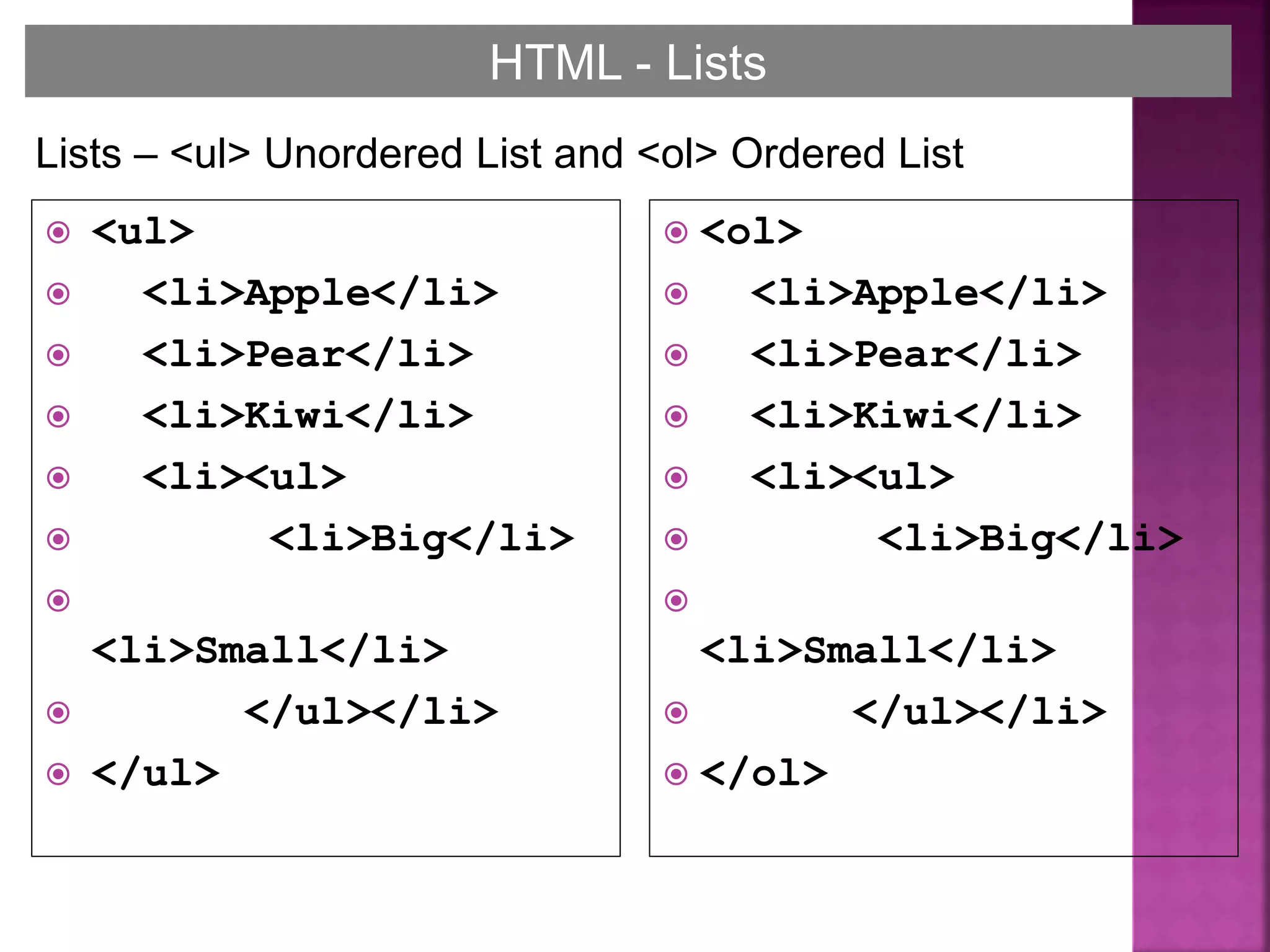  <ul>
 <li>Apple</li>
 <li>Pear</li>
 <li>Kiwi</li>
 <li><ul>
 <li>Big</li>

<li>Small</li>
 </ul></li>
 </ul>
 <ol>
 <li>Apple</li>
 <li>Pear</li>
 <li>Kiwi</li>
 <li><ul>
 <li>Big</li>

<li>Small</li>
 </ul></li>
 </ol>
HTML - Lists
Lists – <ul> Unordered List and <ol> Ordered List
 