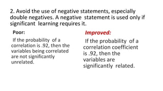 2. Avoid the use of negative statements, especially
double negatives. A negative statement is used only if
significant lea...