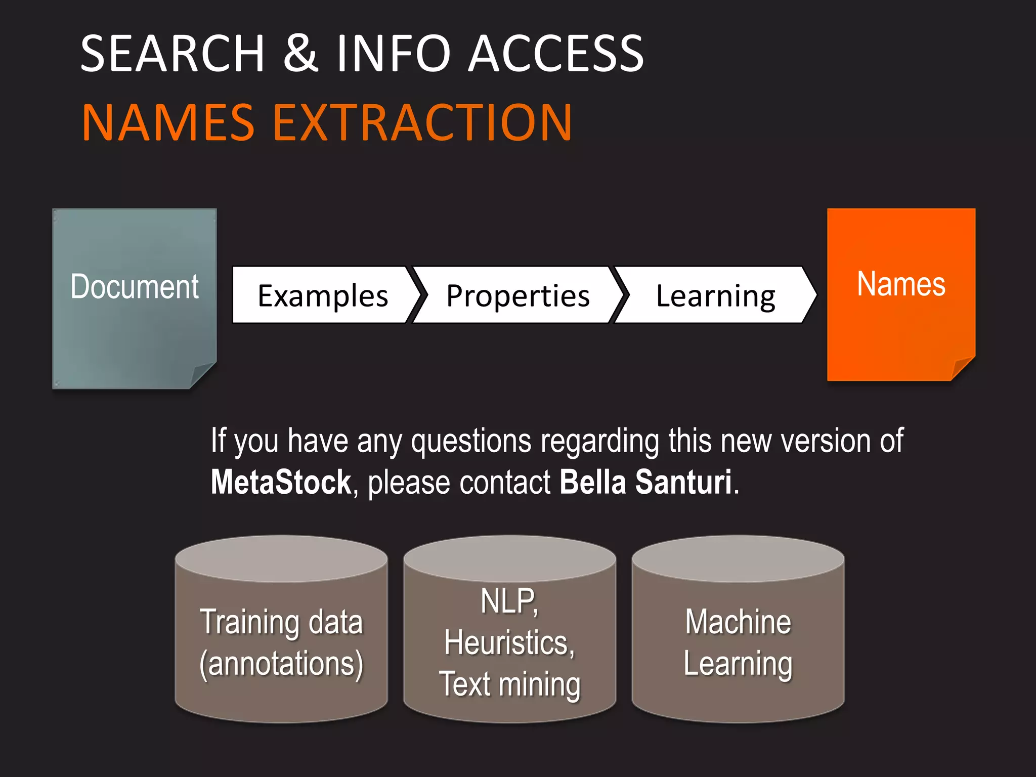SEARCH & INFO ACCESS
NAMES EXTRACTION

Document      Examples       Properties       Learning        Names



           If you have any questions regarding this new version of
           MetaStock, please contact Bella Santuri.


                                NLP,
       Training data                            Machine
                             Heuristics,
       (annotations)                            Learning
                             Text mining
 