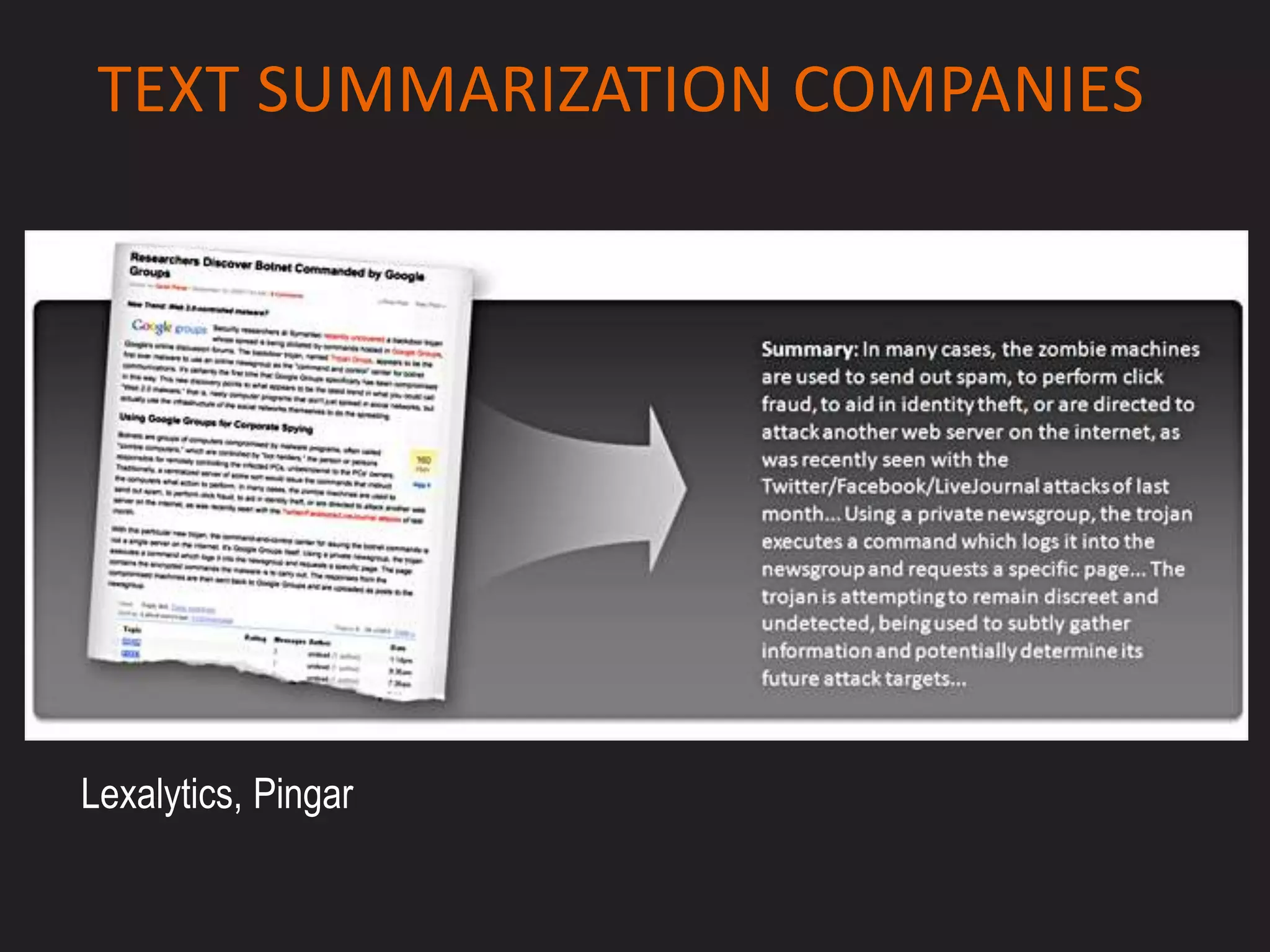 TEXT SUMMARIZATION COMPANIES




Lexalytics, Pingar
 