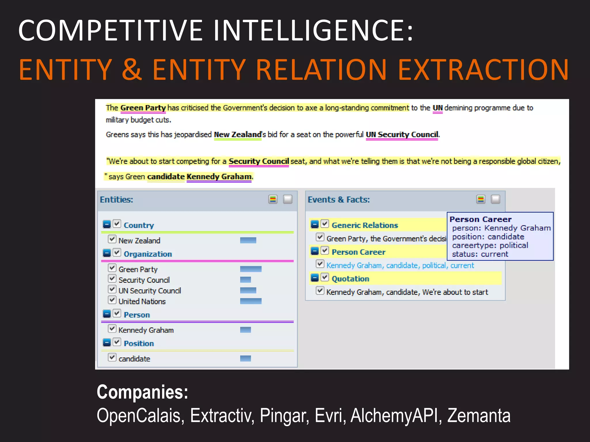 COMPETITIVE INTELLIGENCE:
ENTITY & ENTITY RELATION EXTRACTION




     Companies:
     OpenCalais, Extractiv, Pingar, Evri, AlchemyAPI, Zemanta
 