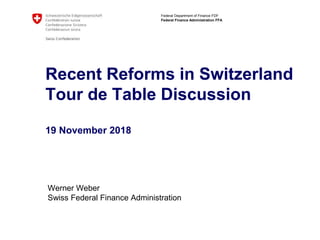 Federal Department of Finance FDF
Federal Finance Administration FFA
Recent Reforms in Switzerland
Tour de Table Discussion
19 November 2018
Werner Weber
Swiss Federal Finance Administration
 