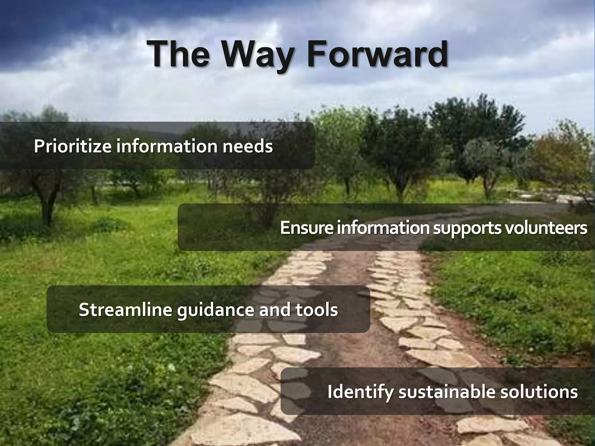 The Way Forward
Prioritize information needs
Streamline guidance and tools
Ensureinformationsupportsvolunteers
Identify sustainable solutions
 