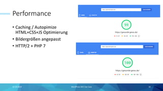 Performance
• Caching / Autopimize
HTML+CSS+JS Optimierung
• Bildergrößen angepasst
• HTTP/2 + PHP 7
15.10.2019 WordPress SEO Use Case 10
 