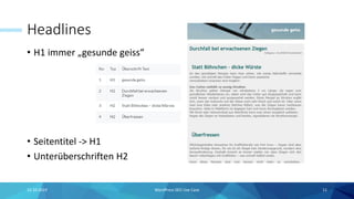 Headlines
15.10.2019 WordPress SEO Use Case 11
• H1 immer „gesunde geiss“
• Seitentitel -> H1
• Unterüberschriften H2
 