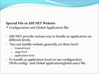 Special File in ASP.NET Website
Configuration and Global Application file:
• ASP.NET provide various way to handle an application on
different levels.
• You can handle website generally on three level-
1. Control level
2. page level
3. application level
• To handle at application level we use configuration
(Web.config) and Global application(global.asax) file.
 