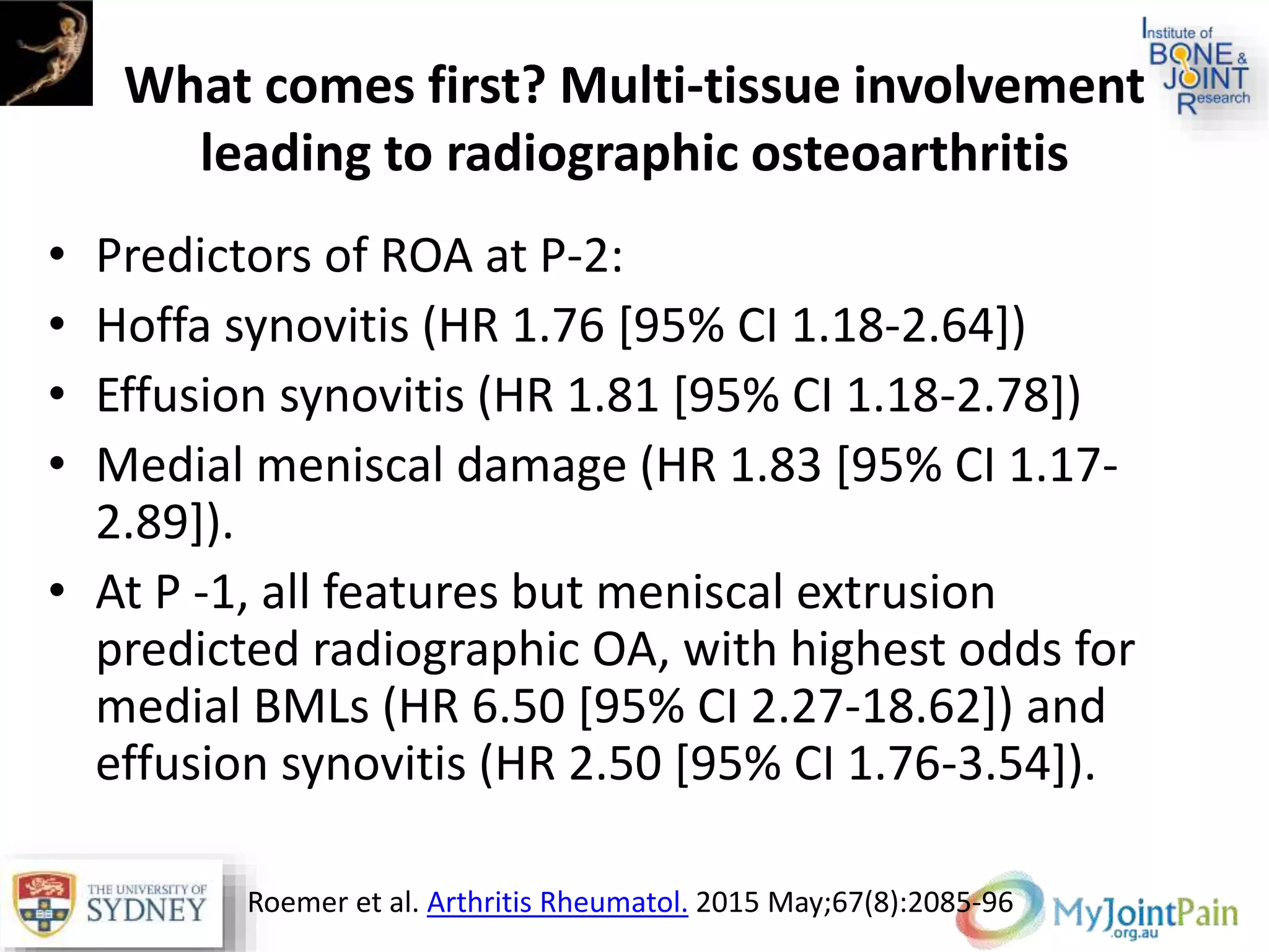 What comes first? Multi-tissue involvement
leading to radiographic osteoarthritis
• Predictors of ROA at P-2:
• Hoffa synovitis (HR 1.76 [95% CI 1.18-2.64])
• Effusion synovitis (HR 1.81 [95% CI 1.18-2.78])
• Medial meniscal damage (HR 1.83 [95% CI 1.17-
2.89]).
• At P -1, all features but meniscal extrusion
predicted radiographic OA, with highest odds for
medial BMLs (HR 6.50 [95% CI 2.27-18.62]) and
effusion synovitis (HR 2.50 [95% CI 1.76-3.54]).
Roemer et al. Arthritis Rheumatol. 2015 May;67(8):2085-96
 