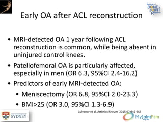 Early OA after ACL reconstruction
• MRI-detected OA 1 year following ACL
reconstruction is common, while being absent in
uninjured control knees.
• Patellofemoral OA is particularly affected,
especially in men (OR 6.3, 95%CI 2.4-16.2)
• Predictors of early MRI-detected OA:
• Meniscectomy (OR 6.8, 95%CI 2.0-23.3)
• BMI>25 (OR 3.0, 95%CI 1.3-6.9)
Culvenor et al. Arthritis Rheum 2015;67:946-955
 