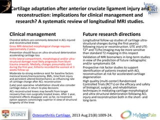 Cartilage adaptation after anterior cruciate ligament injury and
reconstruction: implications for clinical management and
research? A systematic review of longitudinal MRI studies.
Clinical management
Chondral defects are commonly detected in ACL-injured
and reconstructed knees
Gross MRI-detected morphological change requires
approximately 2 years
Prevention should focus on ultra-structural deterioration
accelerating cartilage loss
In the lateral compartment, morphological and/or ultra-
structural damage most likely progresses from blunt
trauma onwards. Medially, changes presumably start
during the first year, hitherto recorded the soonest at 3
weeks follow-up
Moderate-to-strong evidence exist for baseline factors
meniscal lesion/meniscectomy, BML, time from injury
and persistent altered biomechanics as influencing rate
of cartilage change after ACL reconstruction
(Late) post-operative rehabilitation should also consider
cartilage status in return to play decisions
ACL-reconstructed knees may benefit from longer
recovery than non-surgically treated knees. After 1 year,
treatment effects disappear and, so far, no treatment
option appears convincingly superior in view of structural
longevity of the knee
Future research directions
Longitudinal follow-up studies of cartilage ultra-
structural changes during the first year(s)
following injury or reconstruction. UTE and UTE-
T2* and T1rho imaging may be more sensitive
than standard T2 mapping in this respect
Validation of MRI biomarkers in long-term studies
in view of the prediction of future radiographic
and/or symptomatic OA
Prospective risk factor studies to support
identification of patients treated with ACL
reconstruction at risk for accelerated cartilage
degeneration
High quality (multi-center) Randomized
Controlled Trials (RCT's) on the efficacy and safety
of biological, surgical, and rehabilitation
techniques in mediating cartilage morphological
and ultra-structural deterioration following ACL
injury and reconstruction both in the short- and
long-term
Osteoarthritis Cartilage. 2013 Aug;21(8):1009-24.
 