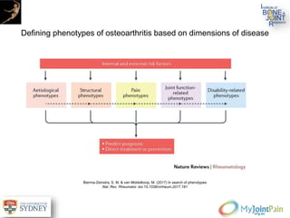 Defining phenotypes of osteoarthritis based on dimensions of disease
Bierma-Zeinstra, S. M. & van Middelkoop, M. (2017) In search of phenotypes
Nat. Rev. Rheumatol. doi:10.1038/nrrheum.2017.181
 
