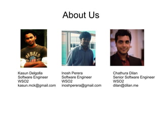 About Us
Kasun Delgolla
Software Engineer
WSO2
kasun.mck@gmail.com
Chathura Dilan
Senior Software Engineer
WSO2
dilan@dilan.me
Inosh Perera
Software Engineer
WSO2
inoshperera@gmail.com
 