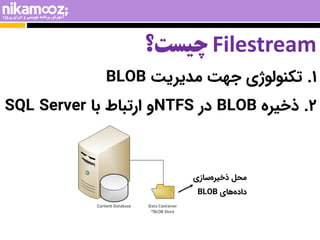 1
.
‫تکنولوژی‬
‫جهت‬
‫مدیریت‬
BLOB
2
.
‫ذخیره‬
BLOB
‫در‬
NTFS
‫و‬
‫ارتباط‬
‫با‬
SQL Server
Filestream
‫چیست؟‬
‫سازی‬‫ذخیره...